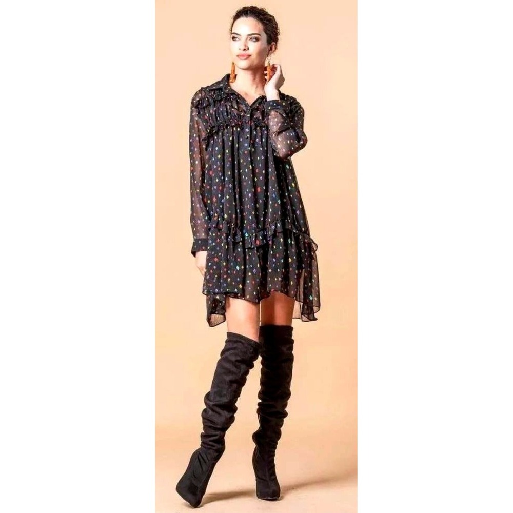 Eva Franco Augustina Mini Dress Womens 4 Black Fizzy Dot Sheer Mesh Ruffle NWT